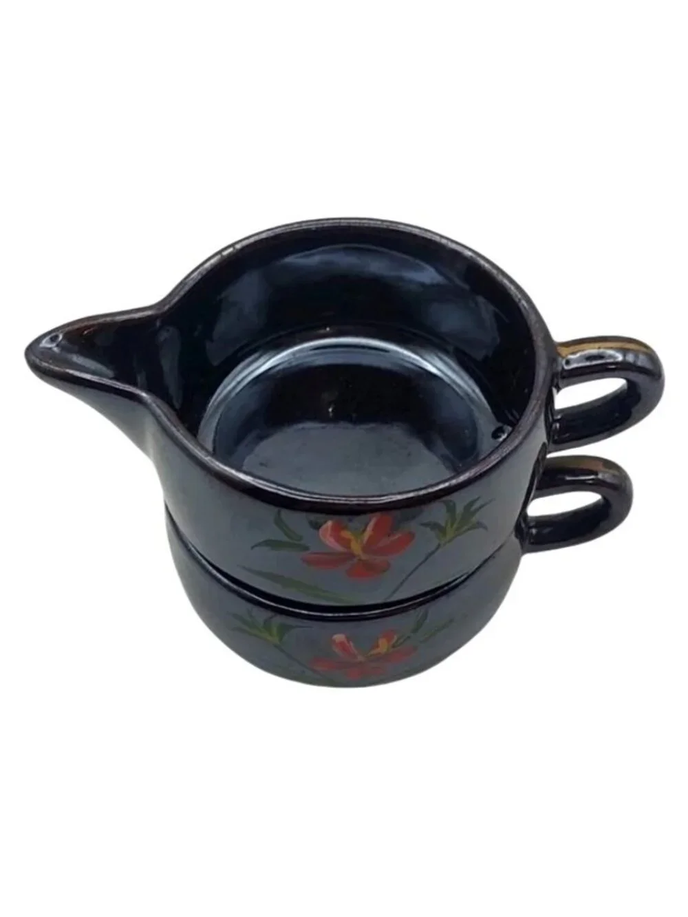 Redware Creamer Sugar Set Stackable Hand Painted Red Floral Japan Vintage Rustic